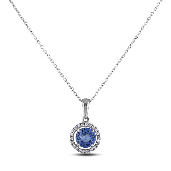 Diamondere 14k White Gold Gemstone & Diamond Halo Petite Necklace, 0.61 Ct Pendant With Sterling Silver Chain