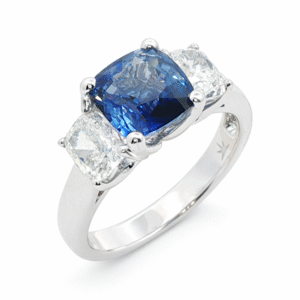 De Beers Forevermark Diamonds and Ceylon Origin Blue Sapphire Trilogy Ring in 18K White Gold