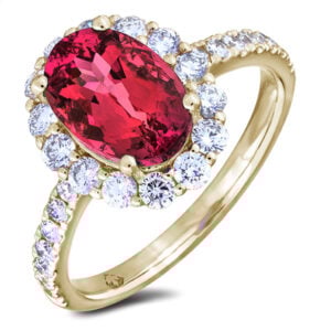African Origin Rhodolite Garnet and Canadian Diamond Halo Ring in Yellow Gold