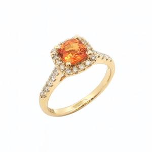 Orange Yellow Sapphire and Canadian Diamond Halo Ring In Yellow Gold