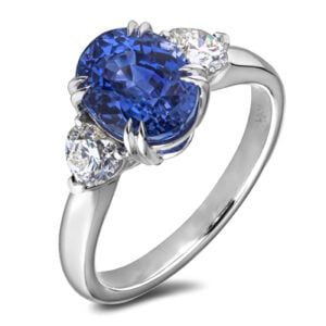 Ceylon Origin Blue Sapphire and De Beers Forevermark Black Label Diamonds Ring in 18K White Gold