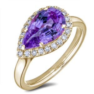Tanzanian Origin Non Heated Purple Sapphire and Canadian Diamond East West Halo Ring in Yellow Gold