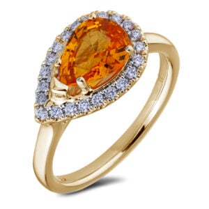 Tanzanian Origin Non Heated Padparadcha Orange Color Sapphire and Diamond Halo Ring in Yellow Gold