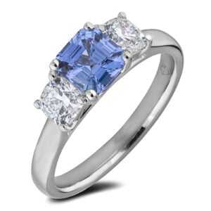 Ceylon Origin Blue Sapphire and De Beers Forevermark Diamond Trilogy Ring in 14K White Gold