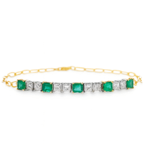 Princess Cut Diamond and Emerald Paperclip Bracelet in 18K Gold