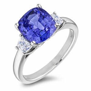 De Beers Forevermark Diamonds and Ceylon Origin Blue Sapphire Three Stone Ring in 18K White Gold