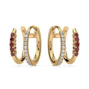 Ruby and Canadian Diamond Huggie Hoop Earrings In Yellow Gold