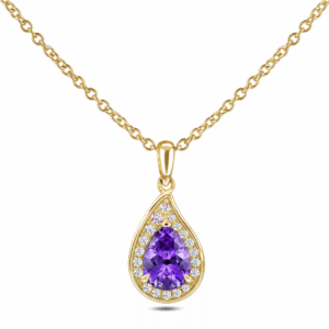 Purple Sapphire and Canadian Diamond Pear Shape Halo Pendant in Yellow Gold