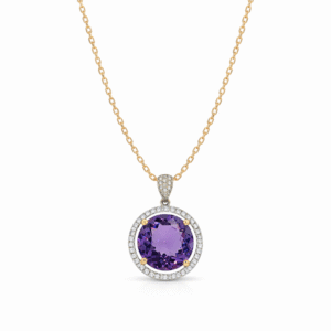 Amethyst Pendant With Canadian Diamond Halo in Yellow and White Gold