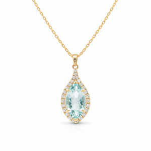 Marquise Shaped Aquamarine and Canadian Diamond Halo Drop Pendant in Yellow Gold