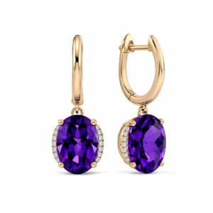 Brazilian Origin Oval Shaped Amethyst and Canadian Diamonds Dainty Earrings in Yellow Gold
