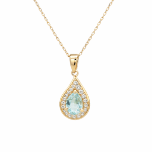 Pear Shaped Aquamarine and Canadian Diamond Halo Drop Pendant in Yellow Gold