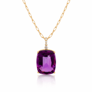 Canadian Diamond and Cushion Cut Amethyst Drop Pendant in Yellow and White Gold