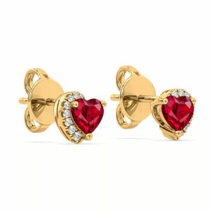 Heart Shaped Ruby and Canadian Diamond Half Halo Stud Earrings in 14K Yellow Gold