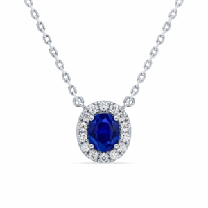 Oval Shaped Blue Sapphire and Canadian Diamonds Halo Pendant in White Gold