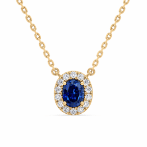 Oval Shaped Blue Sapphire and Canadian Diamonds Halo Pendant in Yellow Gold