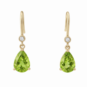 Pear Shaped Peridot and Diamond Hook Earrings in Yellow Gold
