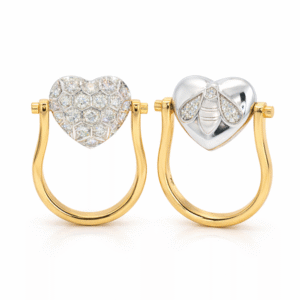 Heart Shaped Honeycomb Reversible Diamond Ring In 18K White and Yellow Gold