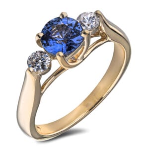 Blue Sapphire and Canadian Diamond Three Stone Ring in Yellow Gold