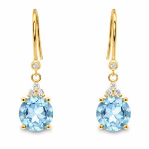 Round Aquamarine and Canadian Diamond Drop Earrings in Yellow Gold