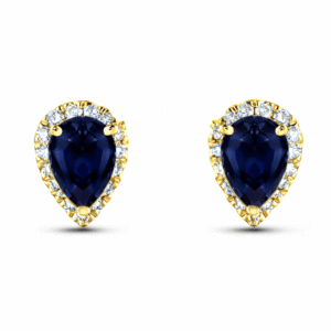 Blue Sapphire and Canadian Diamond Halo Stud Earrings In Yellow Gold