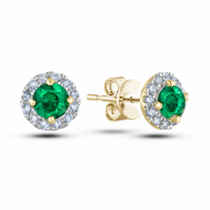 African Origin Emerald and Canadian Diamond Halo Earrings in Yellow Gold