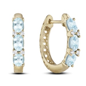 Canadian Diamond and Oval Shaped Aquamarine Hoop Earrings in Yellow Gold