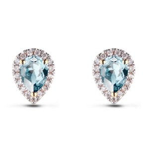 Brazilian Origin Aquamarine and Canadian Diamond Halo Stud Earrings in Yellow Gold