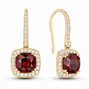 Cushion Cut Garnet and Canadian Diamond Dangle Hook Earrings in Yellow Gold