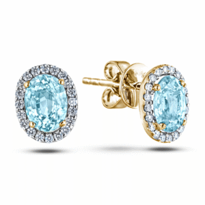 Oval Shape Halo Aquamarine & Canadian Diamond Stud Earrings in Yellow Gold