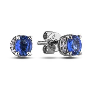 Blue Sapphire and Canadian Diamond Half Halo Stud Earrings in 14K White Gold