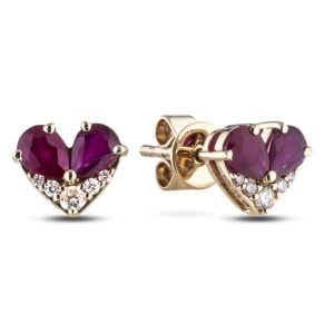 Canadian Diamond and Ruby Heart Shaped Stud Earrings in Yellow Gold