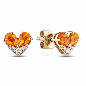 Canadian Diamond and Orange Sapphire Heart Shaped Stud Earrings in Yellow Gold