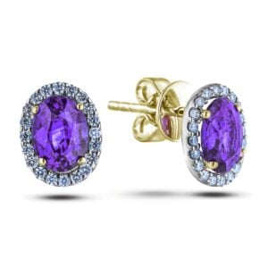 Oval Shape Halo Amethyst & Canadian Diamond Stud Earrings in Yellow Gold