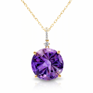 Canadian Diamond and Round Cut Amethyst Pendant in Yellow Gold
