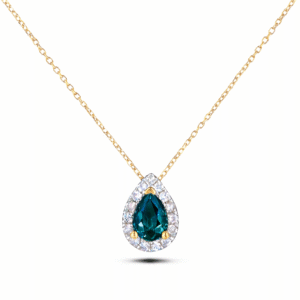Canadian Diamond and Pear Shaped Bluish Green Sapphire Halo Pendant in Yellow Gold