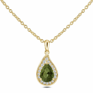 Green Sapphire and Canadian Diamond Pear Shape Halo Pendant in Yellow Gold