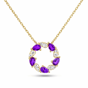 Pear Shape Amethyst And Canadian Diamond Circle Necklace In Yellow Gold