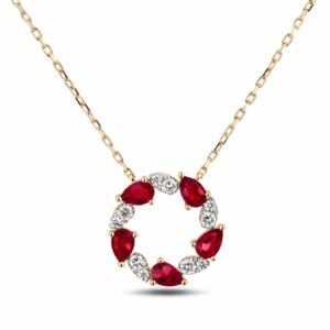 Pear Shape Ruby And Canadian Diamond Circle Necklace In Yellow Gold