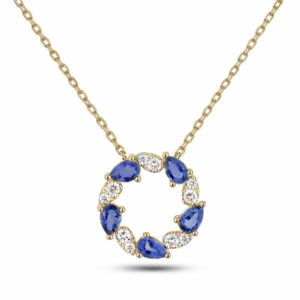 Pear Shape Blue Sapphire And Canadian Diamond Circle Necklace In Yellow Gold