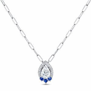 Brilliant Pear Shape Canadian Diamond and Blue Sapphire Paperclip Necklace in 14K White Gold