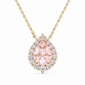 Morganite and Canadian Diamond Halo Necklace in Yellow Gold