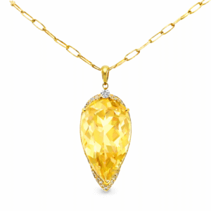 Brazilian Origin Pear Shaped Citrine and Canadian Diamond Pendant in Yellow Gold