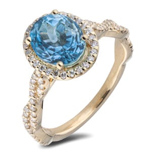 Oval Shape Aquamarine and Canadian Diamond Halo Ring in Yellow Gold