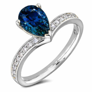 Pear Shaped Blue Green Sapphire and Canadian Diamonds Ring in White Gold