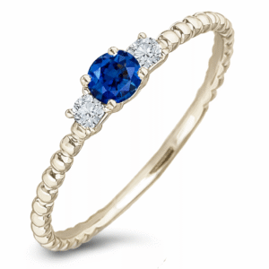 Blue Sapphire and Canadian Diamond Beaded Style Dainty Ring in Yellow Gold