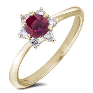 Flower Halo Ring Set With Ruby and Canadian Diamond in Yellow Gold