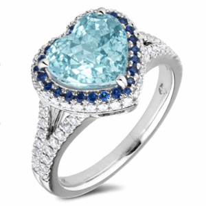 Heart Shaped Aquamarine Ring with Blue Sapphire & Diamond Double Halo in 18K White Gold