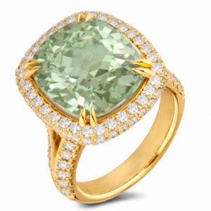 Green Amethyst and 2.06 CTW Diamond Halo Cocktail Ring in 14K Yellow Gold