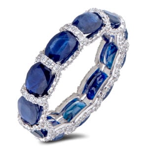 Oval Shaped Blue Sapphire And Diamond Eternity Ring In 14K White Gold